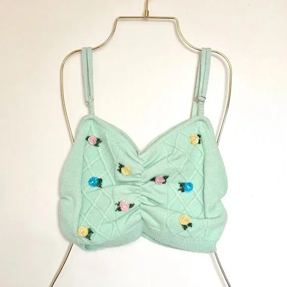 NWOT For Love & Lemons Sutton Floral Knit Sweater Cami Top Soft Pastel Green